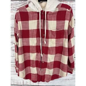 Womens American Eagle Red Cream Plaid Faux Fur Hooded Button Up Flannel Shirt M
